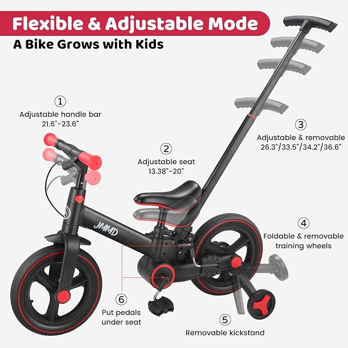 MMD 6 in 1 Toddler Bike with Push Handle for Kids 18-60 Months, 12" Foldable Balance Bike with Training Wheels, Pedals, Brakes, Kickstand, Push Tricycle Toddler Gift & Toys for Boy & Girl
